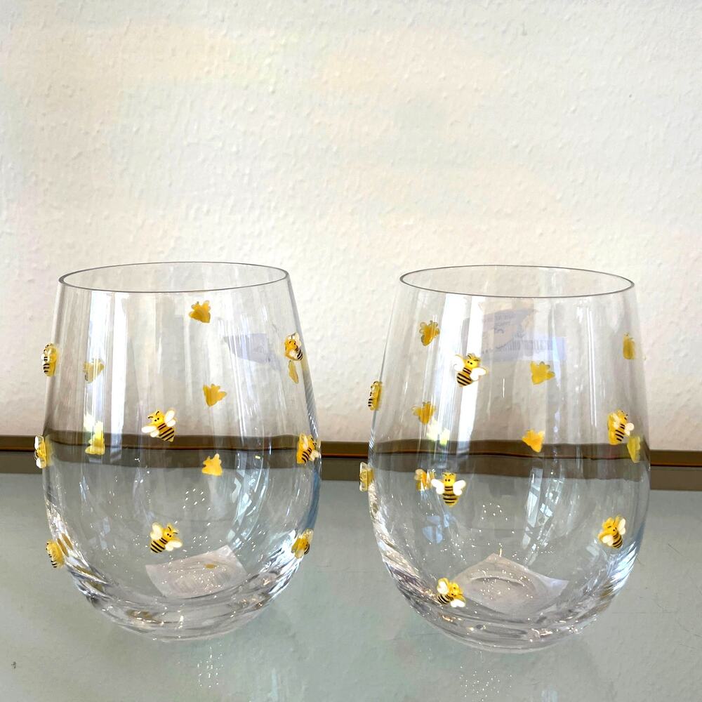 Italo Home Jeweled BEE Icon Stemless Wine Glasses 17.5oz Set of 2 Brand New